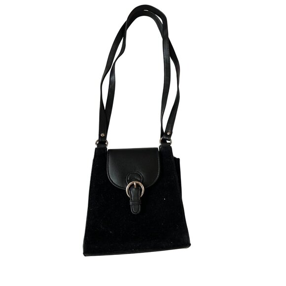 Black Velvet & Faux Leather Mini Shoulder Bag With Silver Snap Closure - Picture 1 of 4